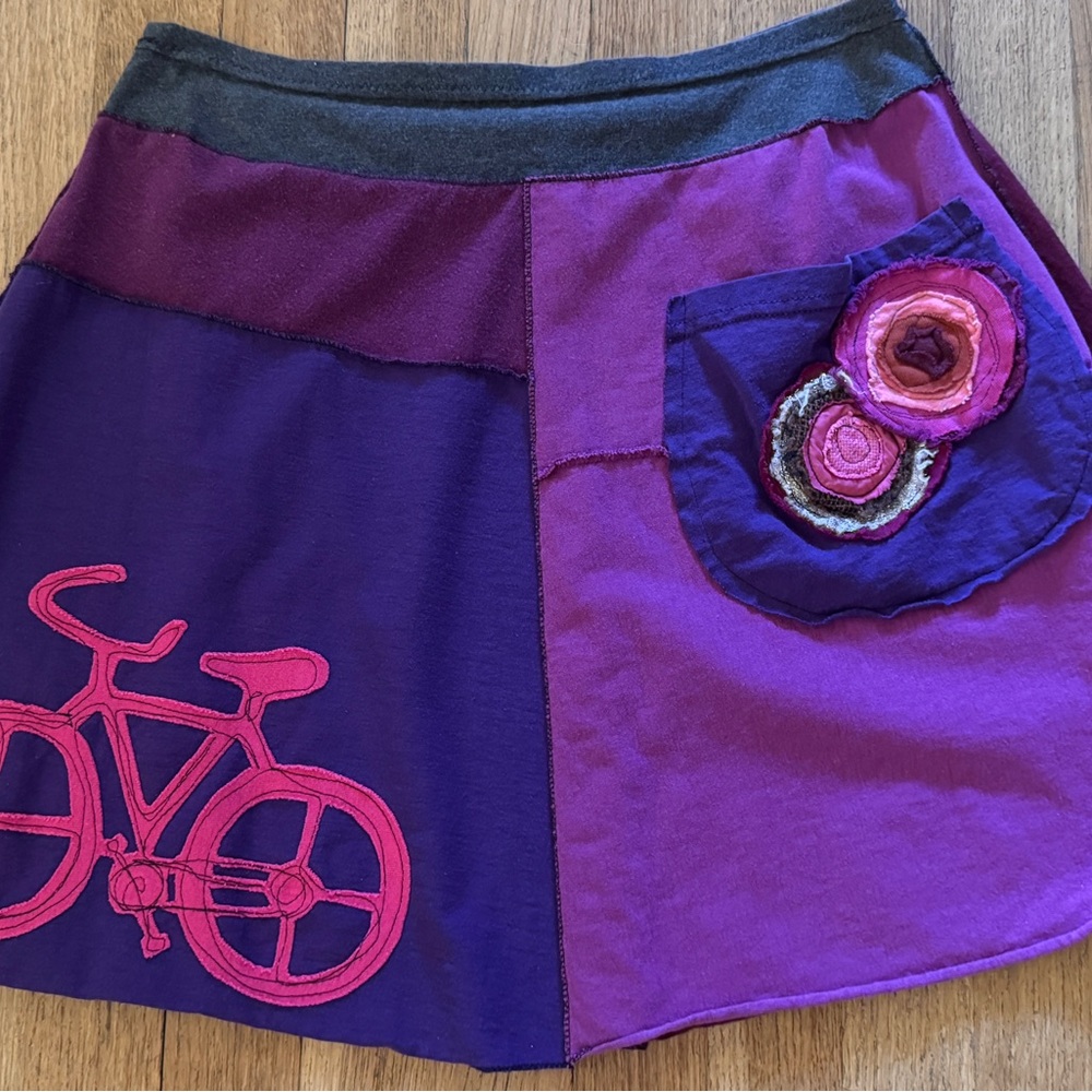 Purple t-shirt Patchwork Skirt with Bicycle Design. Medium